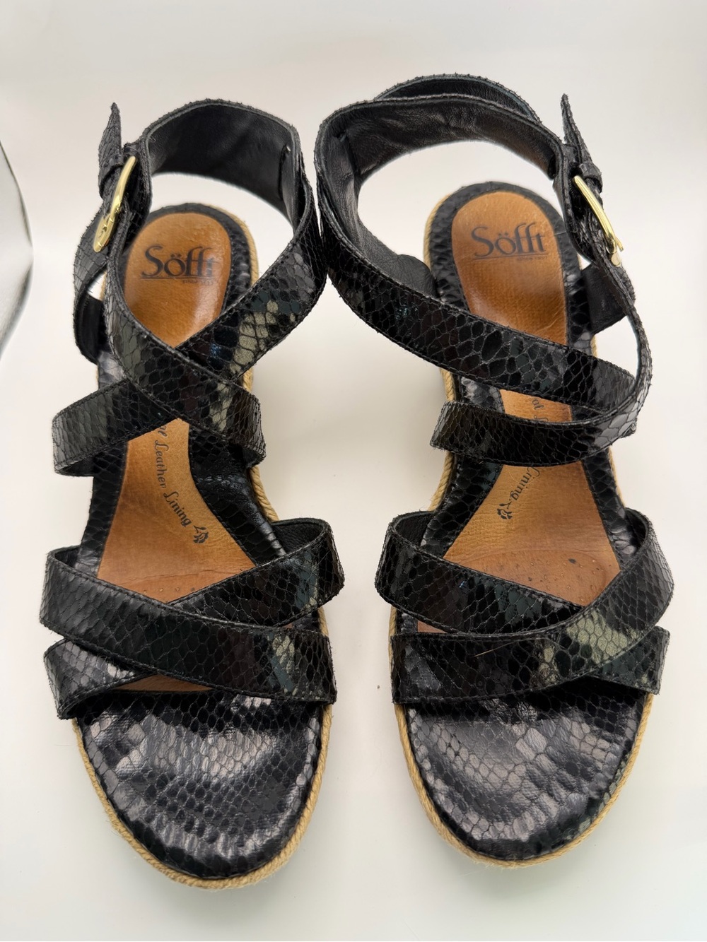 Sofft Black Snakeskin-Textured Strappy Wedge Sandals